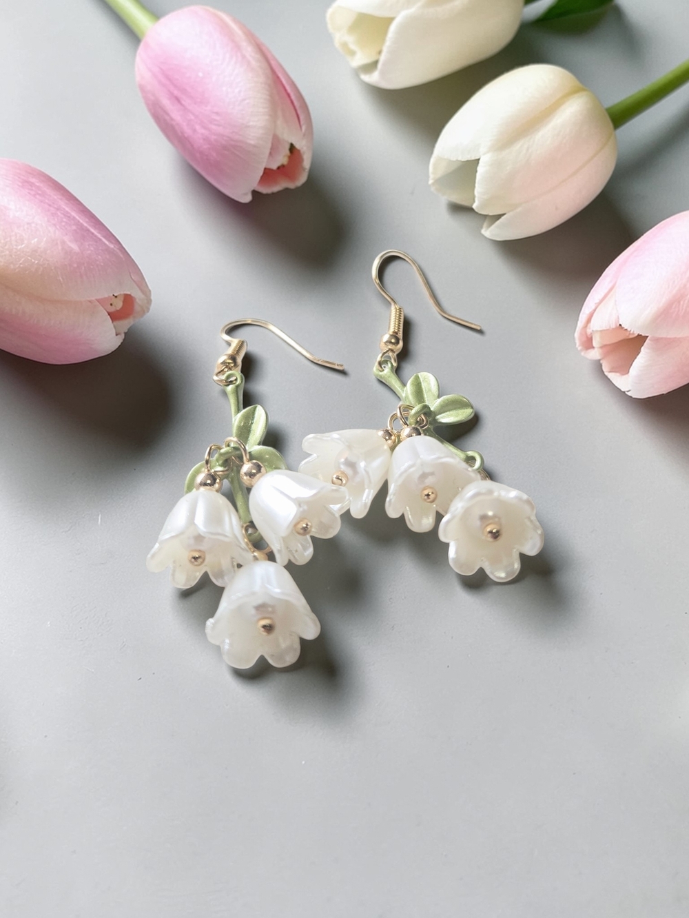 Delicate White Flower Drop Earrings with Green Leaves